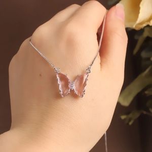 Silver Pink Butterfly Pendant Necklace Chain
